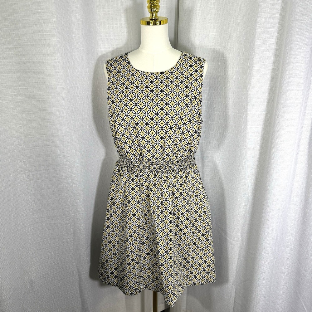 Boden Womens 14R Smocked Waist Fit Flare Cotton Dress Yellow Navy Trance Preppy - Picture 2 of 14
